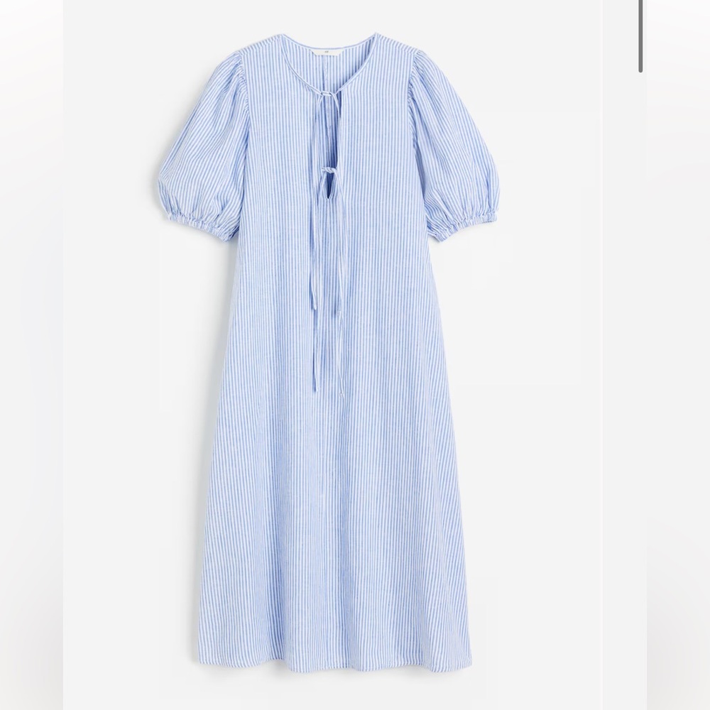 H&M Tie Detail Linen Blend Stripes Blue & White Striped Long Midi Dress XXL